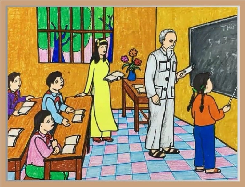 Bức tranh: Bác hồ đang hướng dẫn thiếu nhi học Toán. (Nguồn Internet)