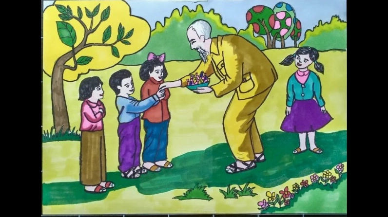Bức tranh: Bác Hồ phát quà bánh kẹo cho các bé thiếu nhi. (Nguồn Internet)