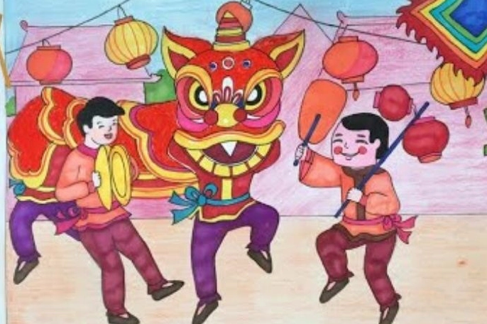 Bức tranh minh họa hoạt động lì xì ngày Tết