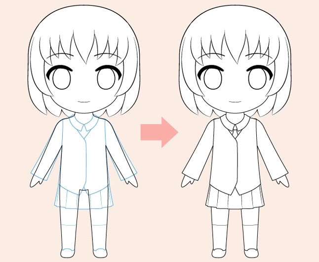 Cách vẽ chibi bước 4: Vẽ chi tiết cơ thể, tay và chân