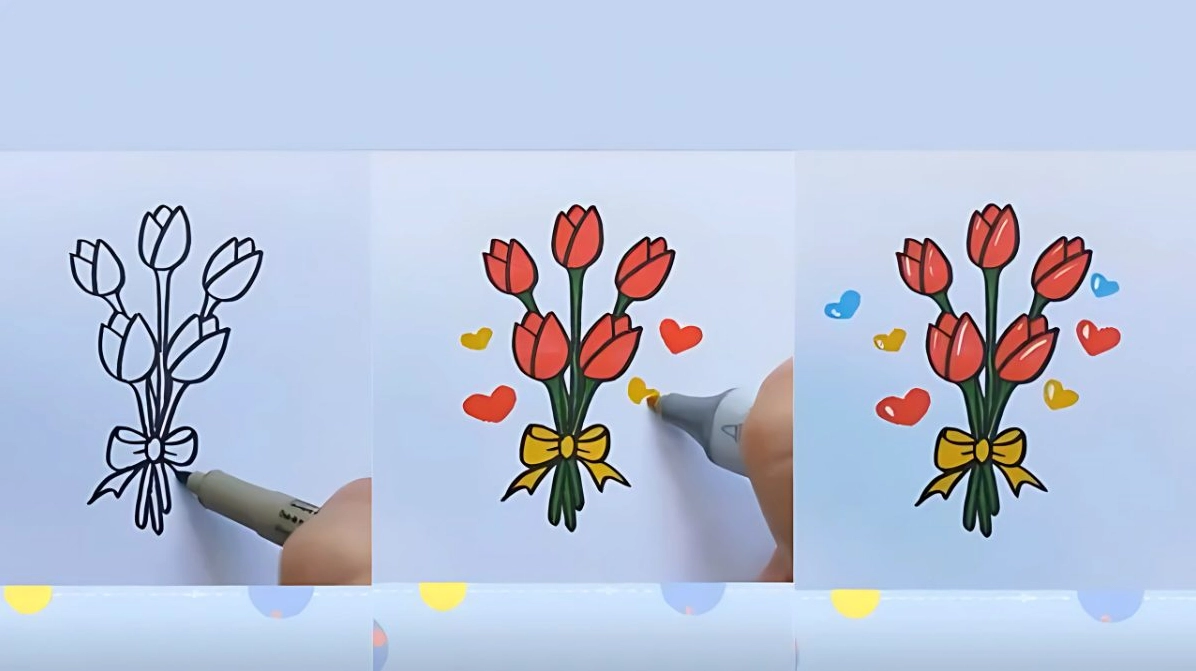 Cách vẽ hoa tulip theo bó