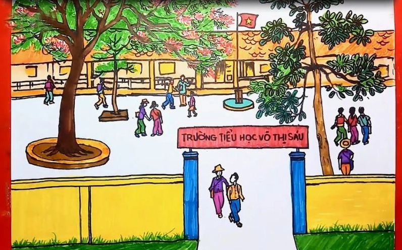 Cách vẽ ngôi trường hạnh phúc đơn giản