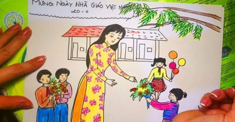 Cách vẽ tranh 20 11 đơn giản đẹp lớp 3: Tác phẩm hoàn chỉnh.