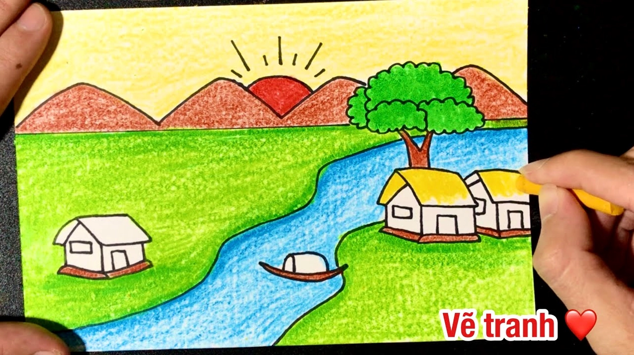 Hình ảnh minh họa một khung cảnh thôn quê được vẽ đơn giản.