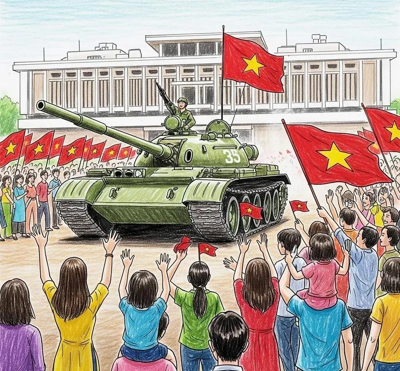 Hình ảnh xe tăng và chiến sĩ Việt Nam trong không khí chiến thắng