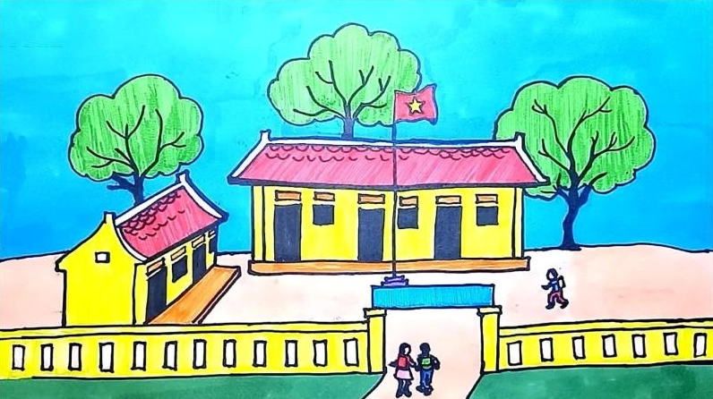 Ngôi trường thân yêu với hàng cây xanh mát và lá cờ đỏ sao vàng tung bay.