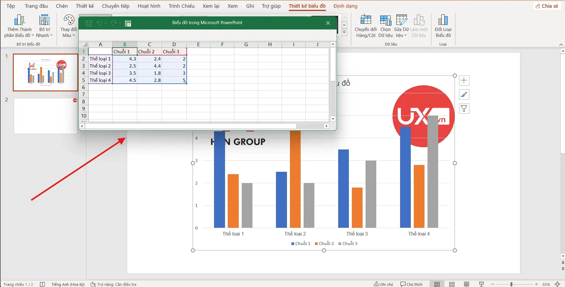 Nhập dữ liệu vào bảng tính Excel để tạo biểu đồ