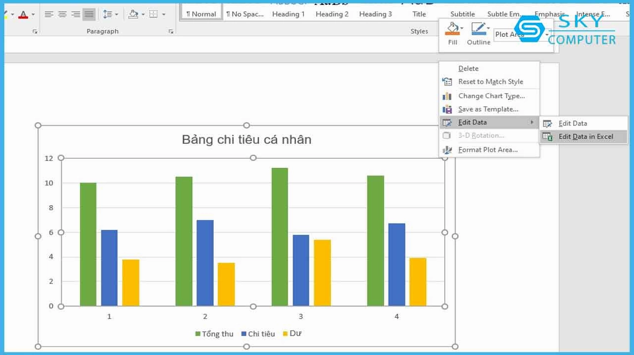 Nhập và chỉnh sửa dữ liệu cho biểu đồ trong Word