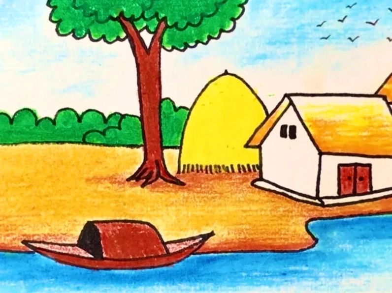 Phong cảnh thuyền gỗ trên sông cong bên nhà tranh