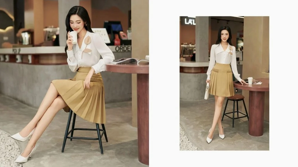 Sơ mi cổ V với chân váy ngắn