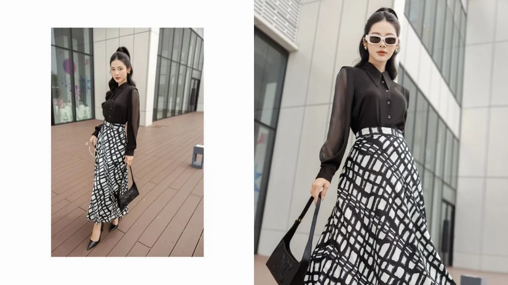 Sơ mi dài tay voan đơn sắc + chân váy họa tiết