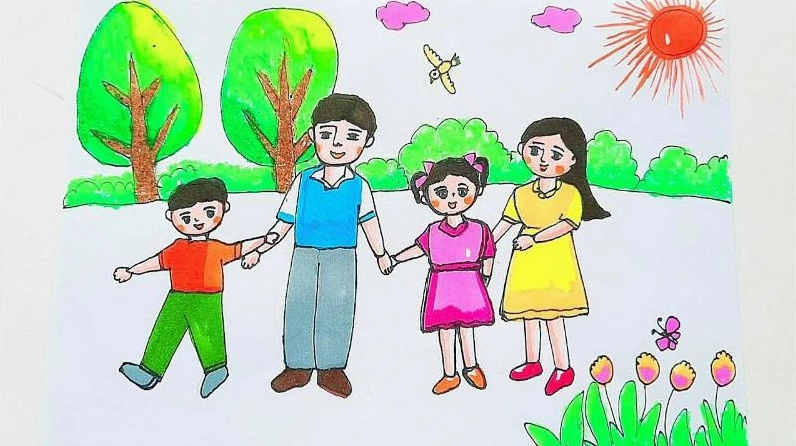 Tranh gia đình được vẽ bằng màu nước