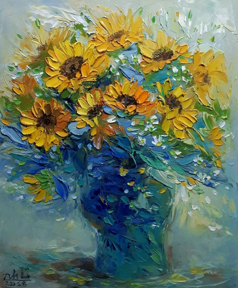 Tranh vẽ bình hoa hướng dương