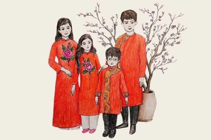 Tranh vẽ cảnh chuẩn bị gói bánh chưng ngày Tết