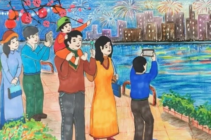 Tranh vẽ cành đào Tết với nhiều nụ và hoa