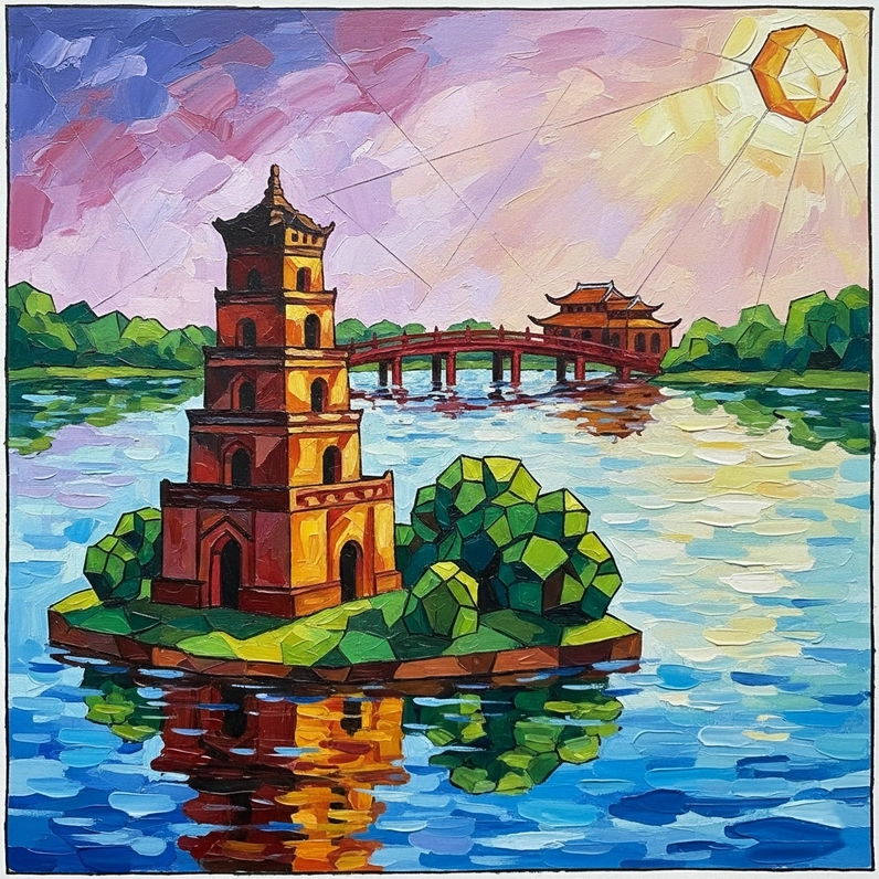 Tranh vẽ Hồ Gươm đẹp với màu sắc tươi sáng