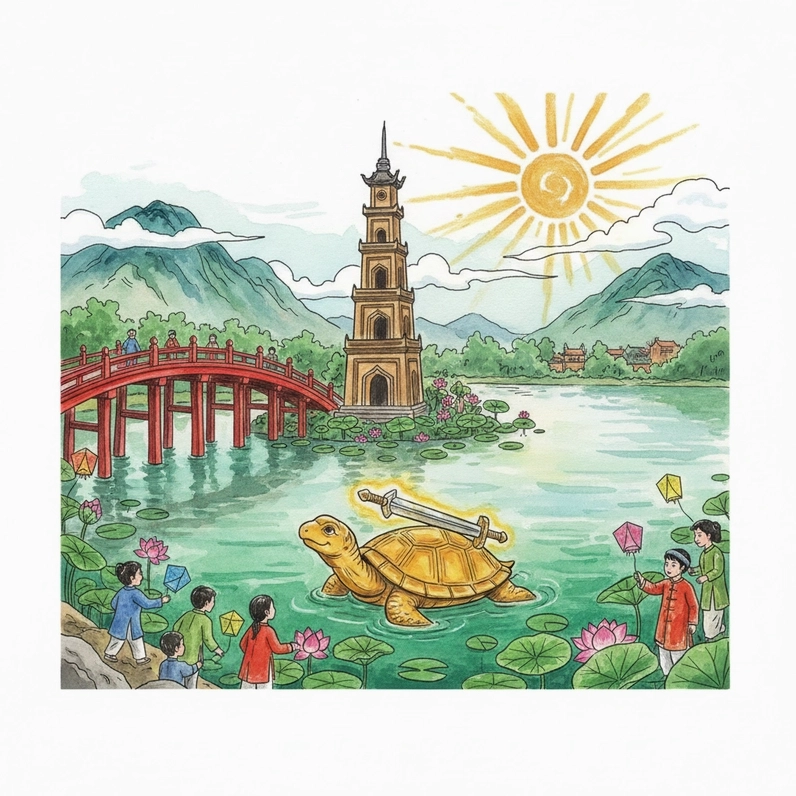 Tranh vẽ Hồ Gươm đơn giản mà đẹp