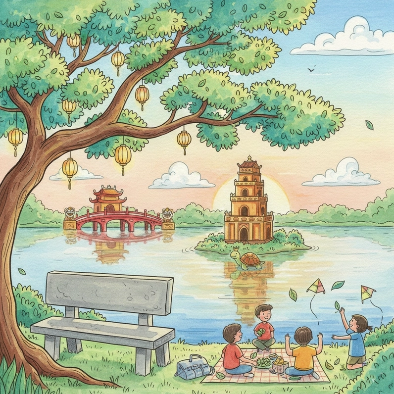 Tranh vẽ Hồ Gươm màu nước dịu nhẹ