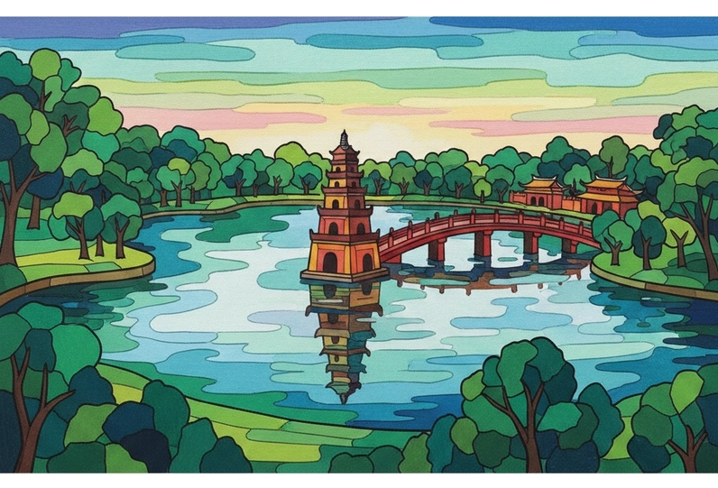 Tranh vẽ Hồ Gươm phác thảo đơn giản