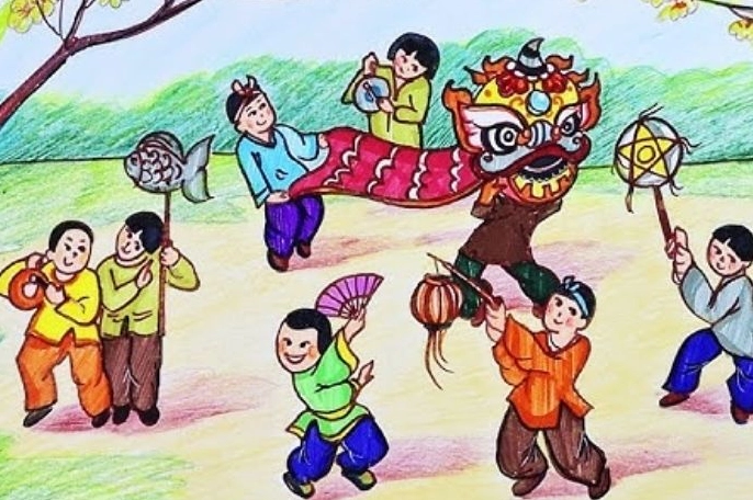 Tranh vẽ mâm ngũ quả ngày Tết