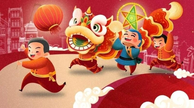 Tranh vẽ múa lân trong dịp Trung Thu