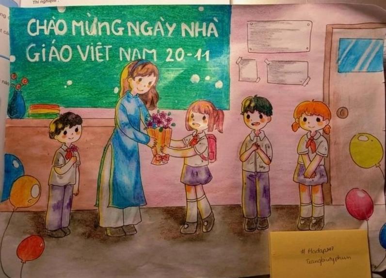 Vẽ tranh 20/11 đơn giản đẹp cho lớp 3: Tô màu cơ bản.