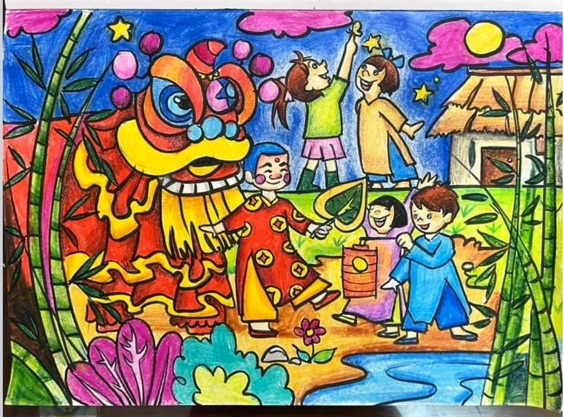Vẽ tranh Trung Thu với phong cảnh làng quê thanh bình