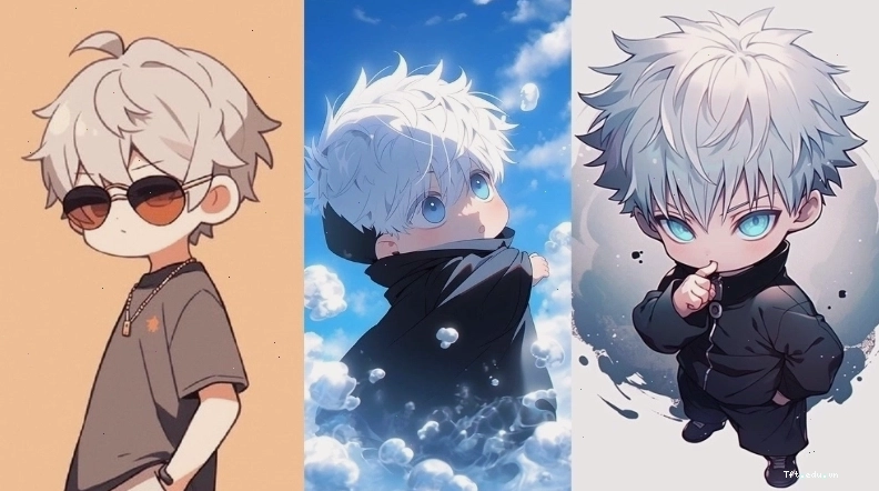 Ảnh Gojo Satoru phiên bản chibi với biểu cảm tinh nghịch