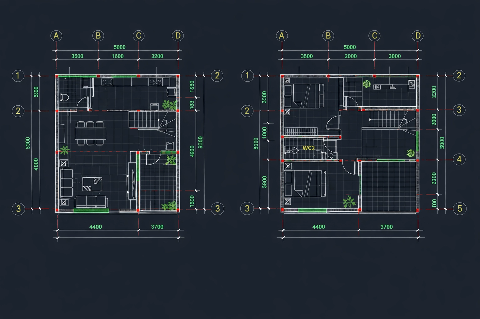 Bản vẽ AutoCAD mặt bằng nhà 2 tầng thể hiện đầy đủ kích thước tổng thể, lưới trục, cao độ và bố trí công năng từng tầng. Các không gian được sắp xếp hợp lý với cầu thang trung tâm và khu vệ sinh gom trục kỹ thuật, đảm bảo giao thông thuận tiện, tối ưu kết cấu và hệ thống cấp thoát nước.