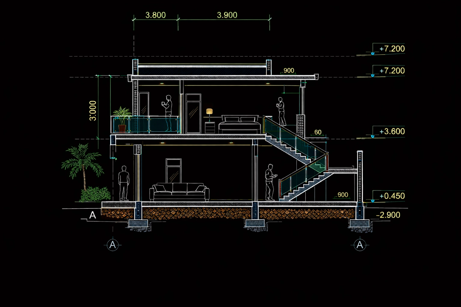 Bản vẽ AutoCAD mặt cắt nhà 2 tầng thể hiện cao độ các tầng và kết cấu sàn – mái, với cao độ tầng 1 khoảng +3.600 m, tổng chiều cao công trình +7.200 m, nền nhà +0.450 m và móng ở cao độ -2.900 m. Mặt cắt làm rõ cấu tạo cầu thang, sàn, dầm, mái đua 900 mm và khoảng thông tầng, thuận lợi cho triển khai thi công.