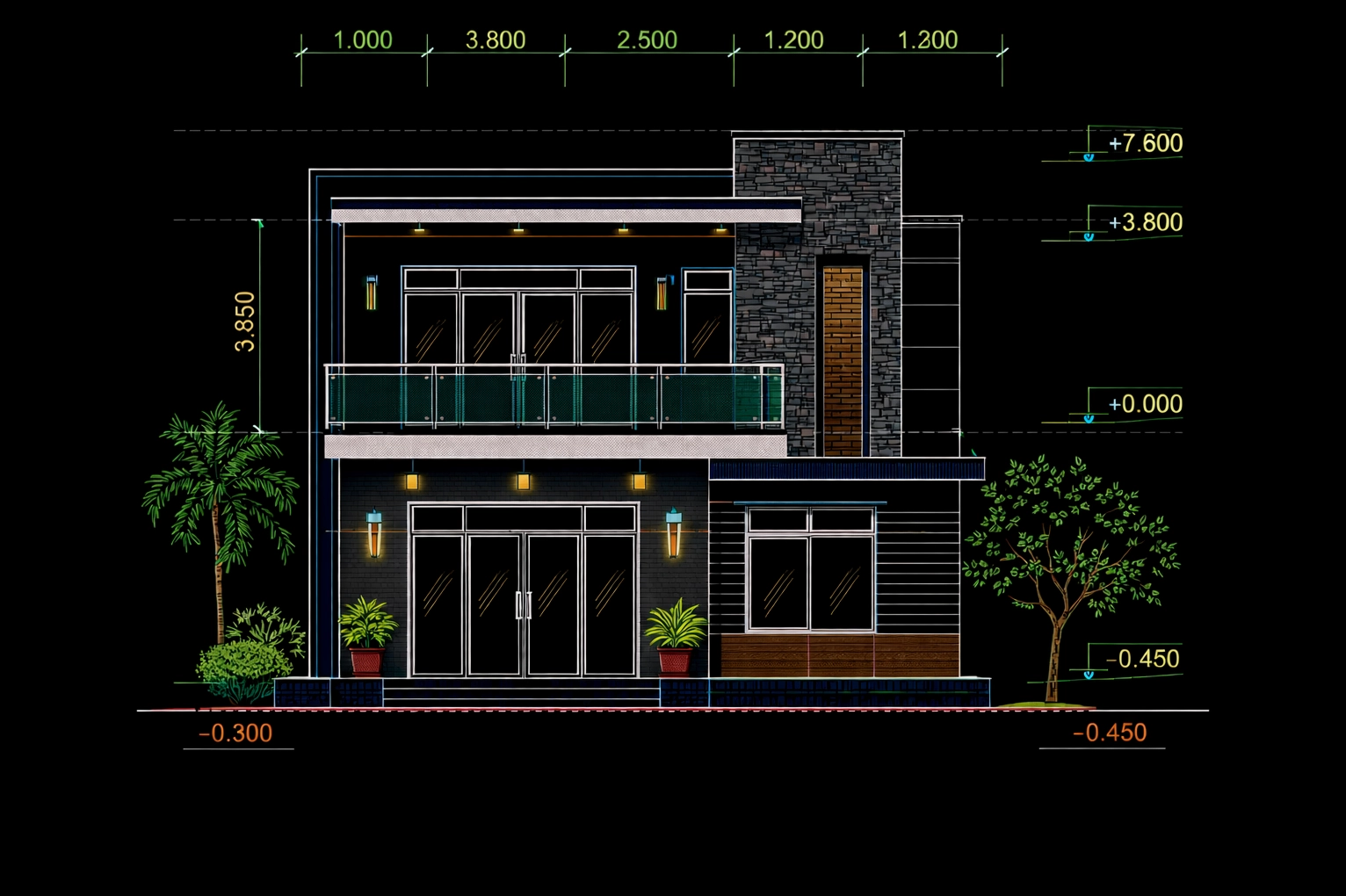 Bản vẽ AutoCAD mặt đứng nhà 2 tầng thể hiện rõ các thông số kích thước và cao độ, với tổng chiều cao công trình khoảng +7.600 m, cùng các nhịp mặt tiền 1.000 – 3.800 – 2.500 – 1.200 – 1.200 m. Mặt đứng sử dụng ban công kính, lam che nắng, vật liệu ốp đá – gỗ kết hợp hệ cửa kính lớn, đảm bảo tỷ lệ kiến trúc hài hòa, lấy sáng tốt và thuận lợi cho thi công.