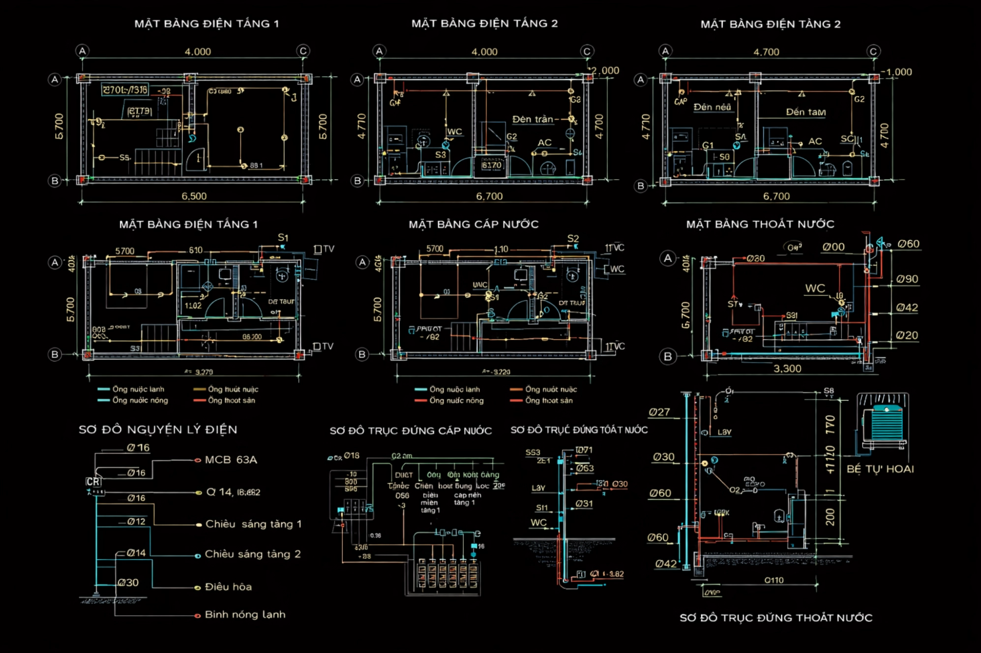 Bản vẽ điện – nước thể hiện mặt bằng bố trí điện và hệ thống cấp – thoát nước cho từng tầng, kèm sơ đồ nguyên lý và trục đứng, giúp phân mạch rõ ràng, thi công chính xác và đảm bảo an toàn sử dụng.
