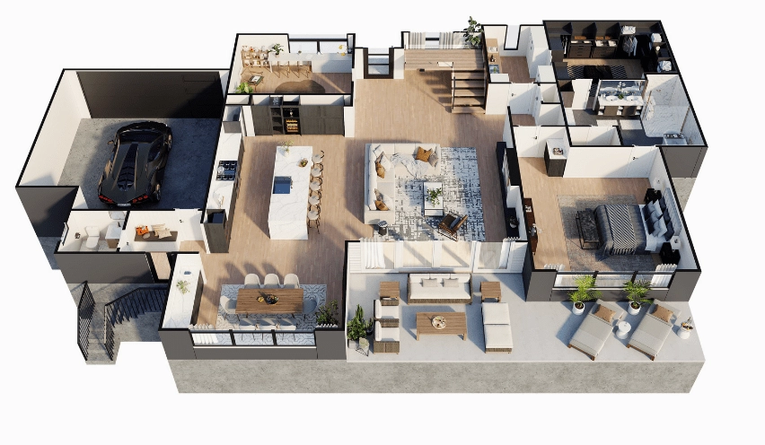 Bản vẽ phối cảnh 3D nội thất nhà 2 tầng thể hiện phong cách hiện đại, trong đó không gian tầng trệt gồm gara ô tô, bếp - đảo bếp, khu ăn và phòng khách mở liên thông với sân/hiên ngoài trời; tổng thể sử dụng tông màu trung tính như trắng và gỗ sáng, kết hợp nhiều mảng kính để tăng khả năng lấy sáng và tạo cảm giác thông thoáng.