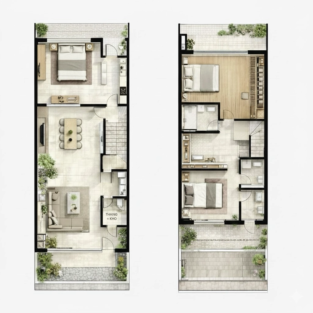 Bản vẽ thiết kế nhà 2 tầng 3 phòng ngủ được sắp xếp mạch lạc theo trục không gian liền mạch với tầng 1 đi từ sân trước vào phòng khách, liên thông với khu bếp - ăn, kết nối trực tiếp ra sân sau, và bố trí một phòng ngủ; tầng 2 gồm hai phòng ngủ và một ban công rộng, tạo thêm không gian thoáng và sinh hoạt ngoài trời.