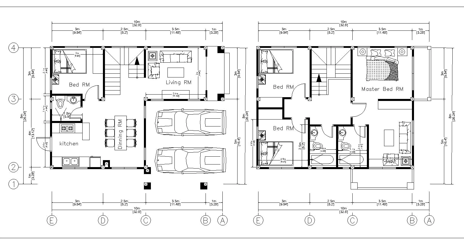 Bản vẽ thiết kế nhà 2 tầng 8×10m được tổ chức công năng theo từng tầng rõ ràng, với cầu thang đặt gần trung tâm nhà đóng vai trò kết nối giao thông đứng. Không gian tầng 1 ưu tiên khu sinh hoạt chung (phòng khách, ăn, bếp) kết hợp khu đỗ xe và 1 phòng ngủ, tầng 2 bố trí các phòng ngủ và khu vệ sinh gọn gàng, thuận tiện sử dụng và tối ưu hệ thống kỹ thuật.