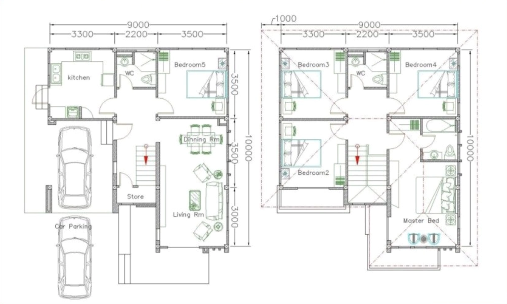 Bản vẽ thiết kế nhà 2 tầng 9*10m có tổng diện tích sử dụng khoảng 180m2. Trục ngang được chia thành các nhịp 3.300 - 2.200 - 3.500mm, giúp phân bổ hợp lý các khu chức năng và giao thông. Trục dọc 10.000mm tổ chức theo lớp không gian trước - sau, đảm bảo tỷ lệ phòng, cầu thang và khu phụ trợ cân đối, thuận tiện cho thi công và sử dụng.