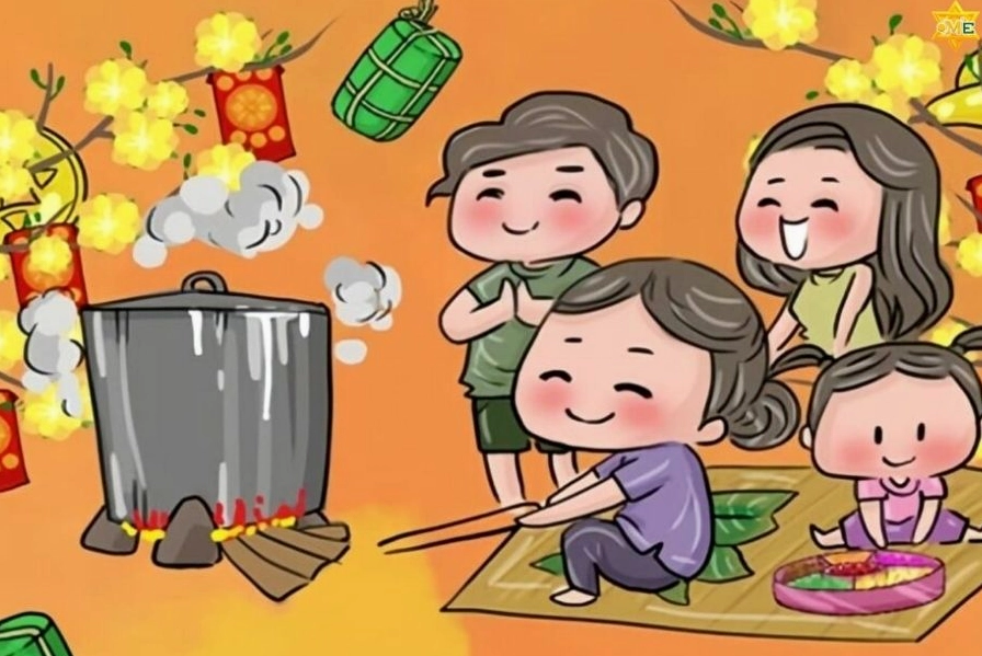 Bé đang tô màu bức tranh Tết
