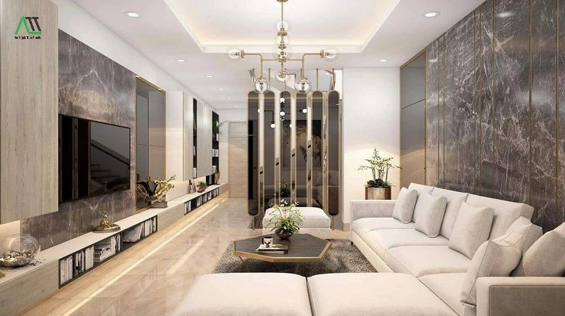 Bố cục phòng khách khoa học với điểm nhấn là bộ sofa và bàn trà