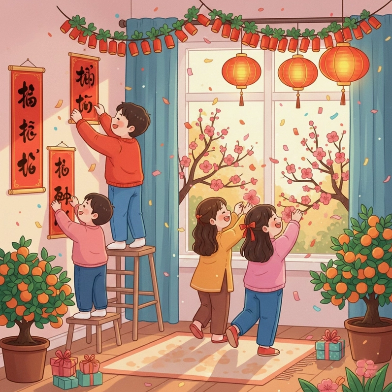 Bộ tranh vẽ gia đình ngày Tết đoàn viên ấm áp