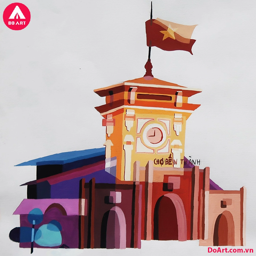 Bức tranh Chợ Bến Thành hoàn chỉnh với gam màu trung tính