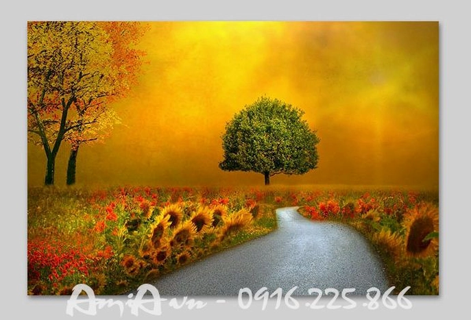 Bức tranh phong cảnh mùa hè với con đường hoa hướng dương rực rỡ
