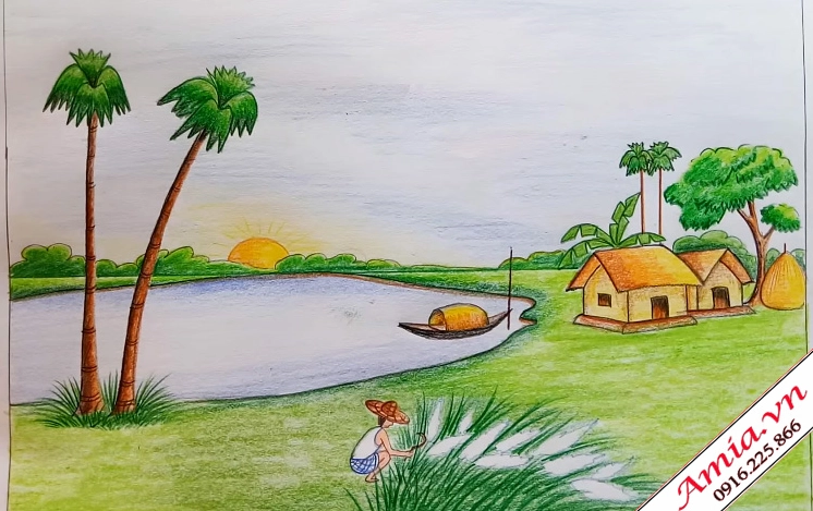 Bức tranh quê hương hoàn chỉnh với đầy đủ chi tiết và màu sắc