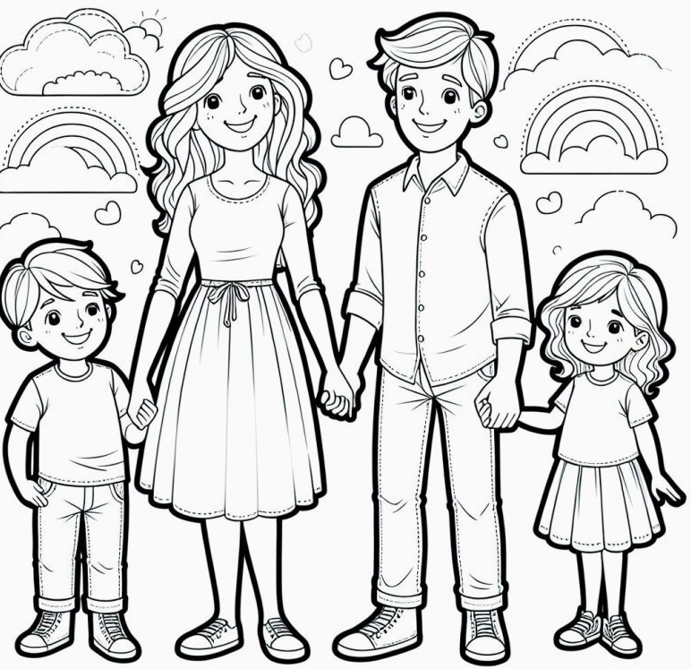 Bức tranh tô màu gia đình 4 người vui vẻ sum vầy bên nhau