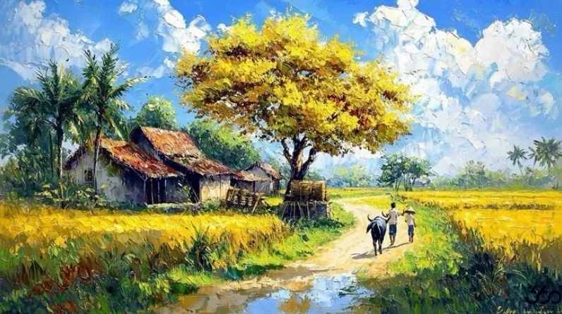 Cảnh quê hương dưới ánh nắng chiều tà