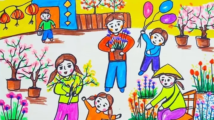 Cây đào và cây mai trong tranh Tết