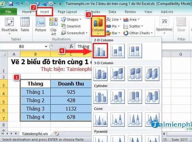 Chọn biểu đồ cột 2D trong Excel