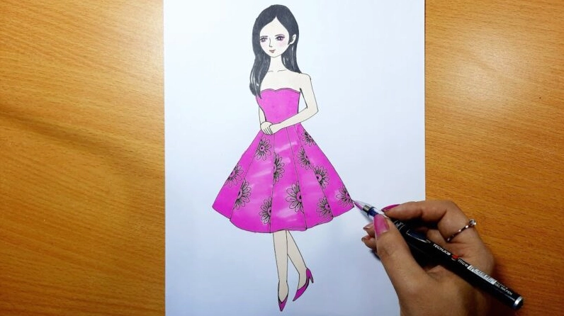 Cô gái mặc váy hồng trong cách vẽ con gái