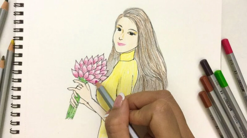 Cô gái ôm hoa sen, minh họa cho sự thanh thoát trong cách vẽ