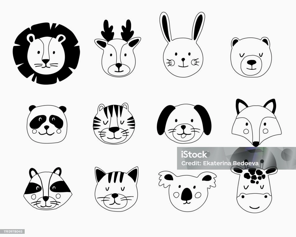 Cute Animal Hand Drawn Faces Set On White Background Cartoon ...