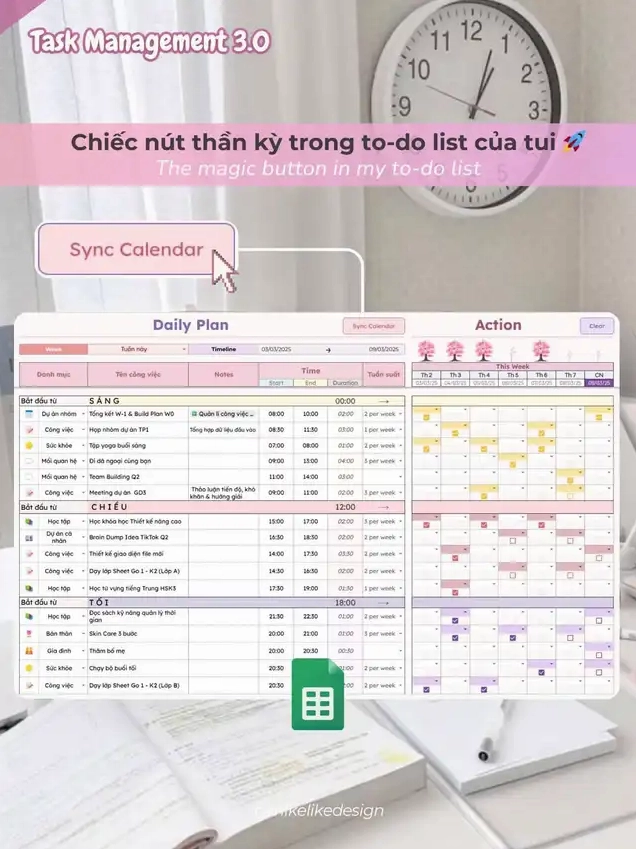 Giao diện bảng tính Google Sheets quản lý công việc